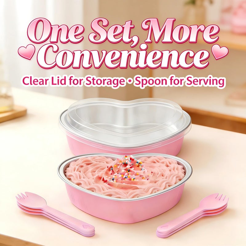 STN Mini Heart Shaped Cake Pans 9oz Aluminum Foil Cupcake Pans Disposable Heart Shaped Cake Pans with Lids Spoon for Valentine Mother's Day Birthday Wedding 25pcs (Pink) - Image 5