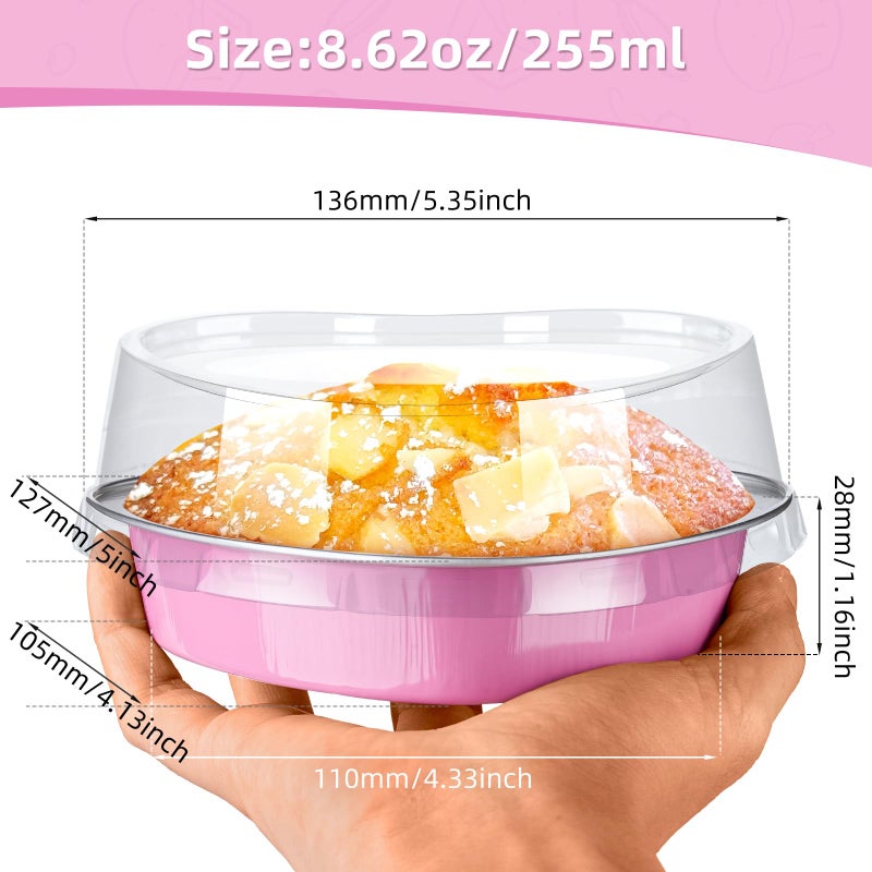 STN Mini Heart Shaped Cake Pans 9oz Aluminum Foil Cupcake Pans Disposable Heart Shaped Cake Pans with Lids Spoon for Valentine Mother's Day Birthday Wedding 25pcs (Pink) - Image 2