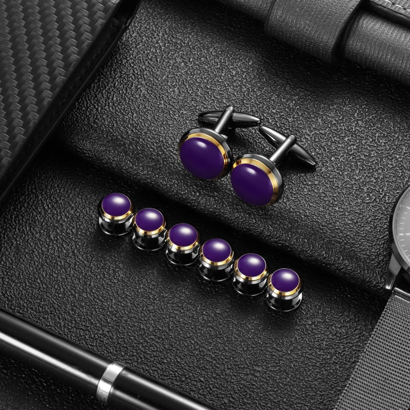 HAWSON Cuff links Tuxedo Studs Set for Men - Best Gifts for Wedding, Formal Events (Purple enamel) - Image 4