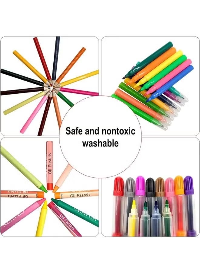 SWIFT 208 Pieces Double Sided Trifold Easel Art Set Portable Art Supplies Drawing Set Box With Oil Pastels Crayons Colored Pencils Markers Paint Brush Sketch Pad For Kids Gift (Pink) - Image 2
