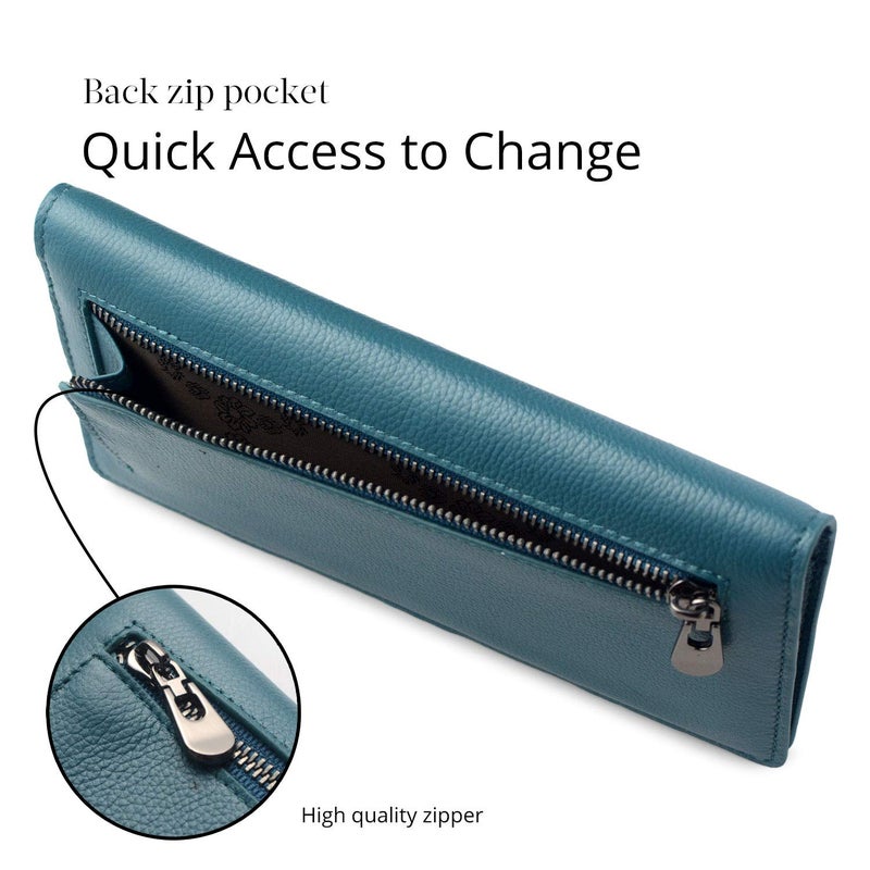 Bveyzi Ultra Slim Thin Leather RFID Blocking Credit Card Holder Bifold Clutch Wallets for Women (Lake Blue) - Image 5
