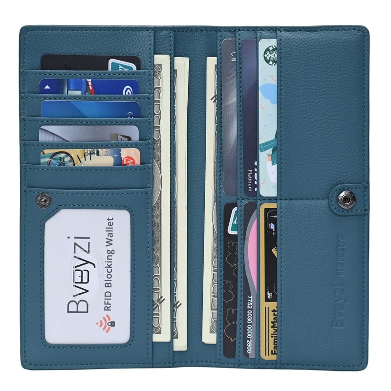 Bveyzi Ultra Slim Thin Leather RFID Blocking Credit Card Holder Bifold Clutch Wallets for Women (Lake Blue) - Image 2