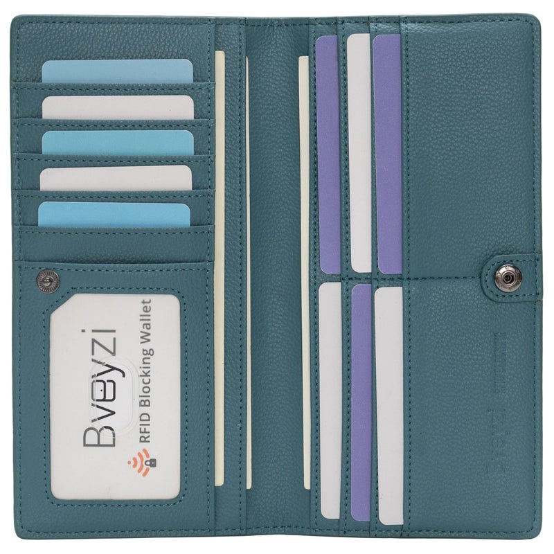 Bveyzi Ultra Slim Thin Leather RFID Blocking Credit Card Holder Bifold Clutch Wallets for Women (Lake Blue) - Image 1
