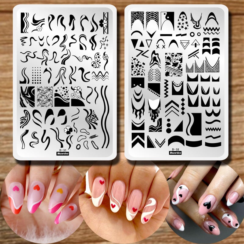 Mezerdoo Swirl French Line Nail Stamping Plates French Tip Nail Stamp Plate Geometric Wave Stripes Snake Flower Nail Art Stamper Stencils Printing Template 2pcs Large Stainless Steel Nail Art Tools 14.5×9.5cm - Image 1