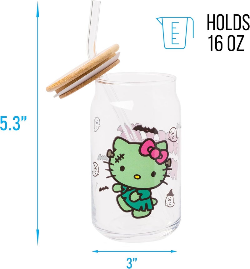 Silver Buffalo Sanrio Hello Kitty Halloween Spooky Frankenstein Glass Jar Tumbler with Bamboo Lid and Glass Straw 16 ounces - Image 2