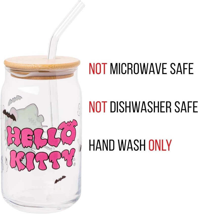 Silver Buffalo Sanrio Hello Kitty Halloween Spooky Frankenstein Glass Jar Tumbler with Bamboo Lid and Glass Straw 16 ounces - Image 3