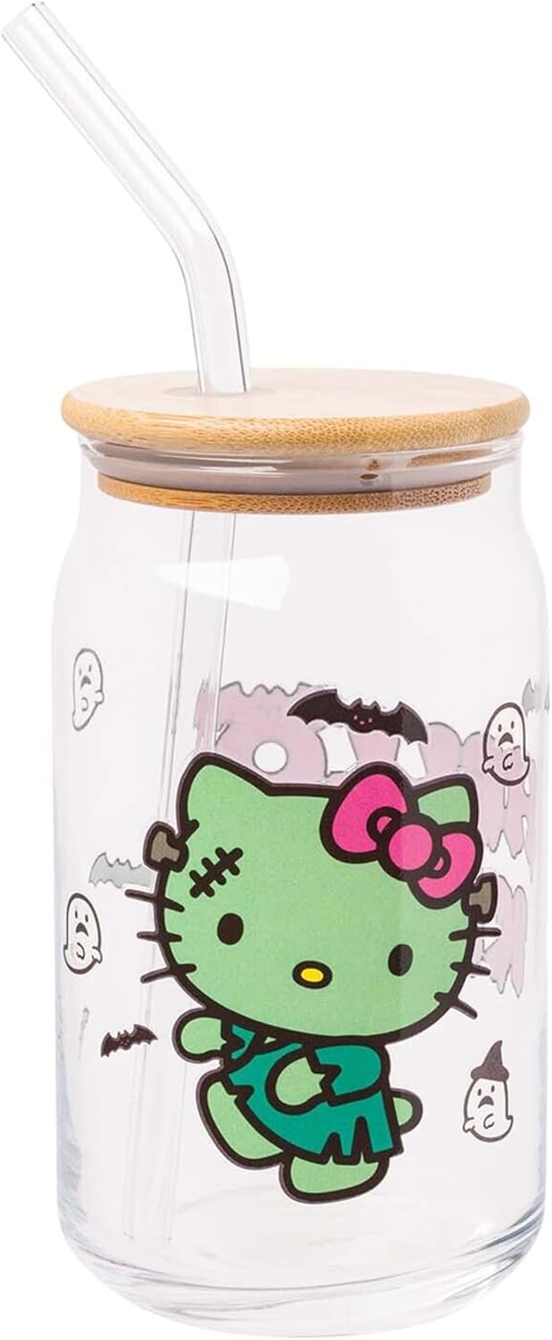 Silver Buffalo Sanrio Hello Kitty Halloween Spooky Frankenstein Glass Jar Tumbler with Bamboo Lid and Glass Straw 16 ounces - Image 1