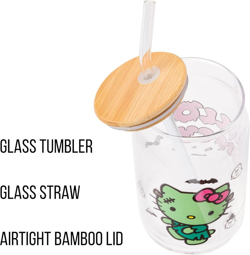 Silver Buffalo Sanrio Hello Kitty Halloween Spooky Frankenstein Glass Jar Tumbler with Bamboo Lid and Glass Straw 16 ounces - Image 4
