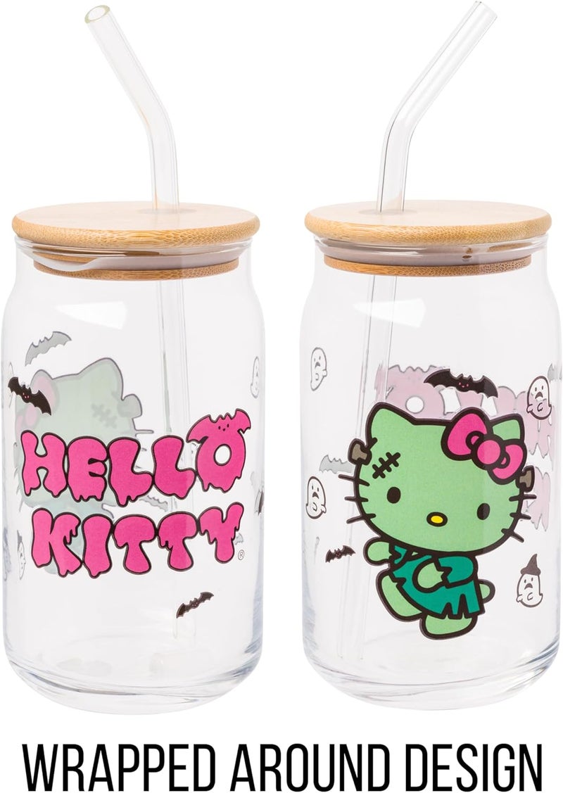 Silver Buffalo Sanrio Hello Kitty Halloween Spooky Frankenstein Glass Jar Tumbler with Bamboo Lid and Glass Straw 16 ounces - Image 5