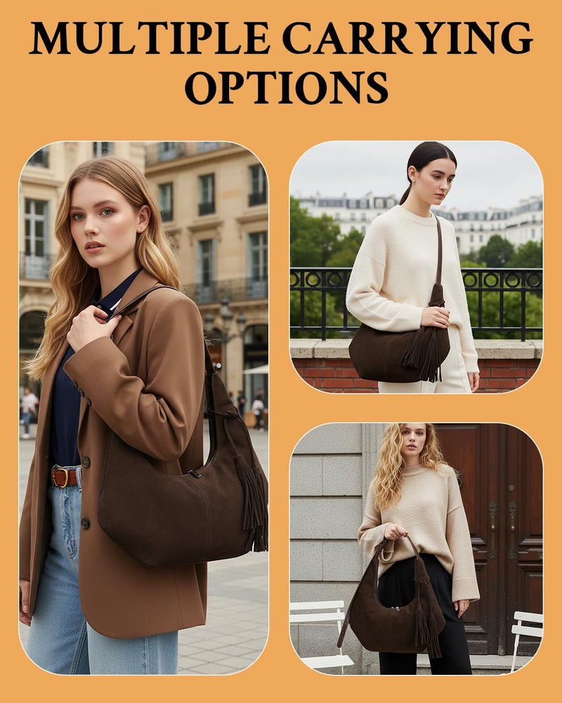 Herald Tassel Suede Hobo Shoulder Bag for Women, Retro Slouchy Crescent Crossbody Purse Handbag with Adjustable Strap (Dark Coffee 2) - Image 2