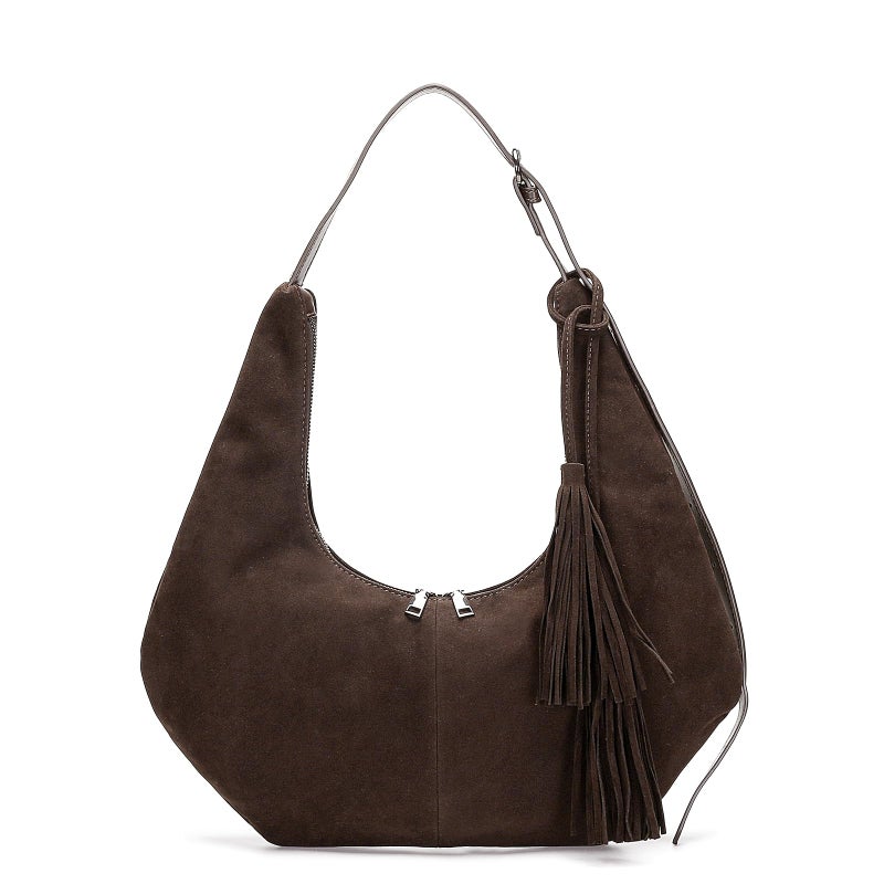 Herald Tassel Suede Hobo Shoulder Bag for Women, Retro Slouchy Crescent Crossbody Purse Handbag with Adjustable Strap (Dark Coffee 2) - Image 1
