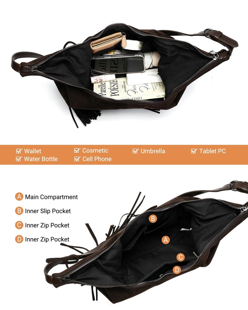 Herald Tassel Suede Hobo Shoulder Bag for Women, Retro Slouchy Crescent Crossbody Purse Handbag with Adjustable Strap (Dark Coffee 2) - Image 5