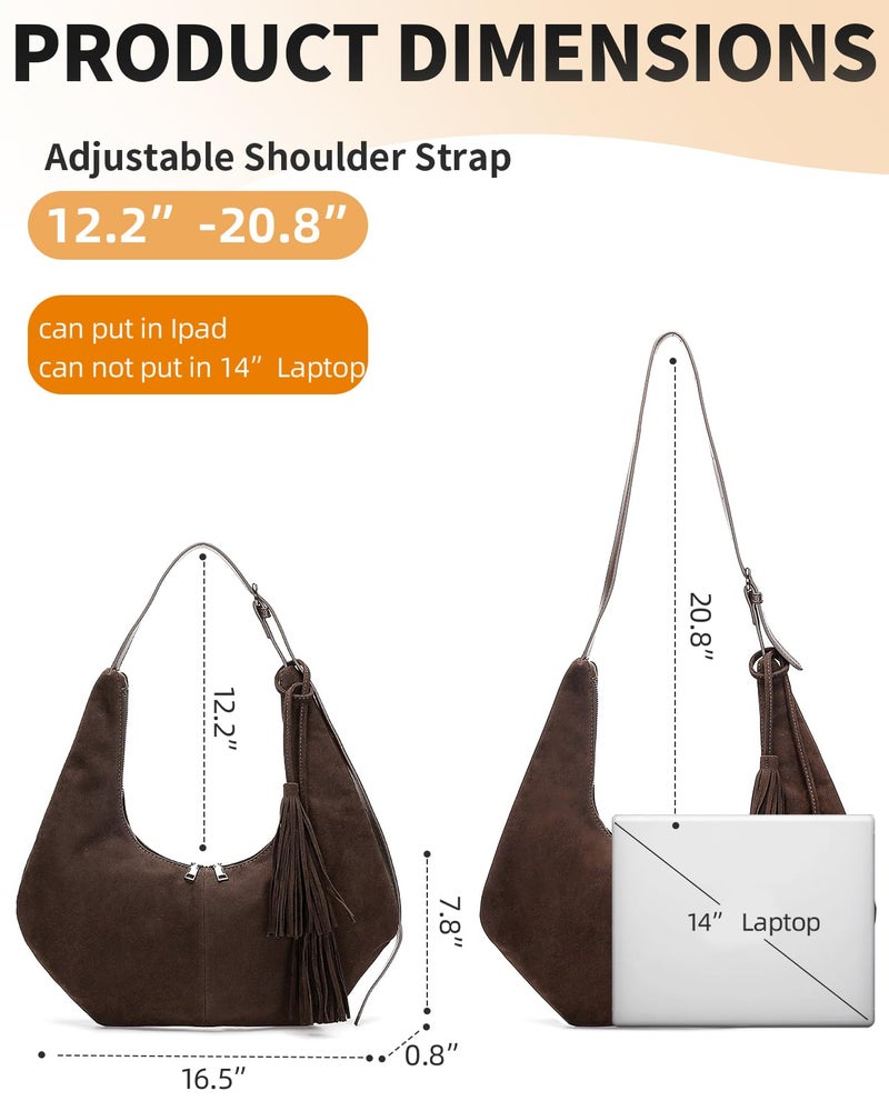 Herald Tassel Suede Hobo Shoulder Bag for Women, Retro Slouchy Crescent Crossbody Purse Handbag with Adjustable Strap (Dark Coffee 2) - Image 4