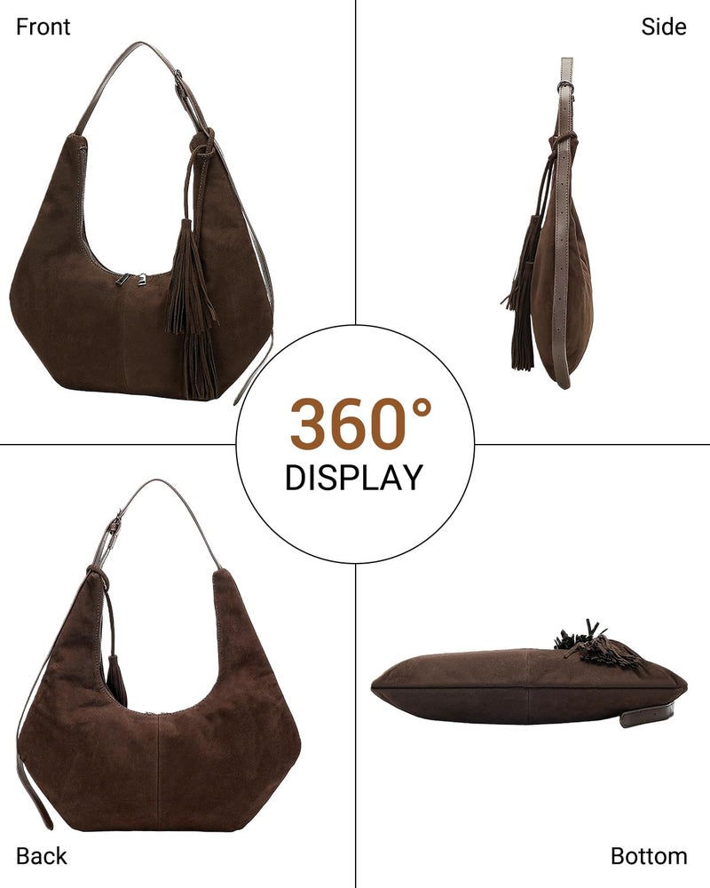 Herald Tassel Suede Hobo Shoulder Bag for Women, Retro Slouchy Crescent Crossbody Purse Handbag with Adjustable Strap (Dark Coffee 2) - Image 3