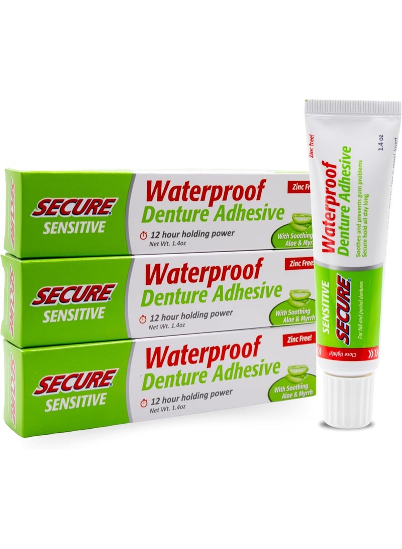 Secure Sensitive Denture Adhesive â€“ 12-Hour Max Hold â€“ Waterproof Seal â€“ Zinc Free â€“ Food Grade Ingredients â€“ fsa hsa Approved â€“ 1.4 oz (3 Pack) - Image 1