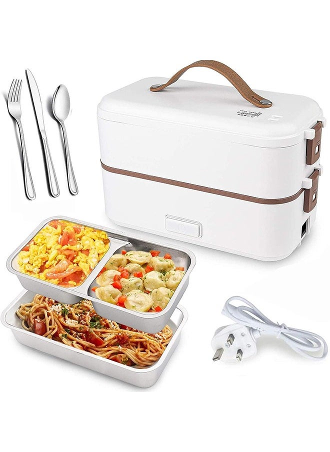 Arabest Self Cooking Electric Lunch Box, Mini Rice Cooker, 2 Layers Steamer Lunch Box for Home Office School Travel Cook Raw Food, White  - Image 1