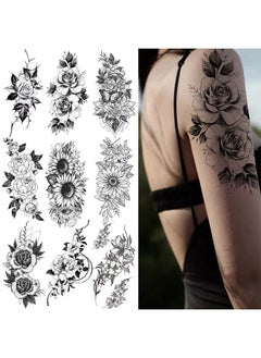 9Pcs Black and White Flower Tattoo Stickers, Temporary Tattoo Stickers, Rose Peony Sunflower Lily Tattoo Stickers for Women Girl Adult