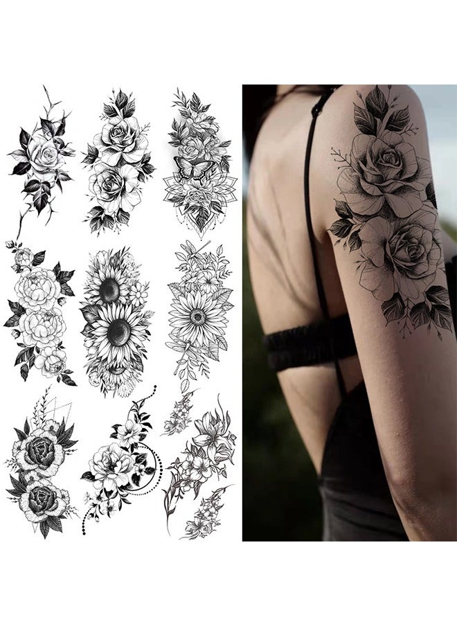 Generic - 9Pcs Black and White Flower Tattoo Stickers, Temporary Tattoo Stickers, Rose Peony Sunflower Lily Tattoo Stickers for Women Girl Adult - Image 1