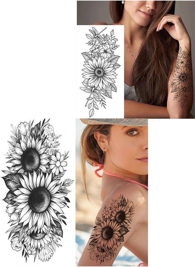 Generic - 9Pcs Black and White Flower Tattoo Stickers, Temporary Tattoo Stickers, Rose Peony Sunflower Lily Tattoo Stickers for Women Girl Adult - Image 1