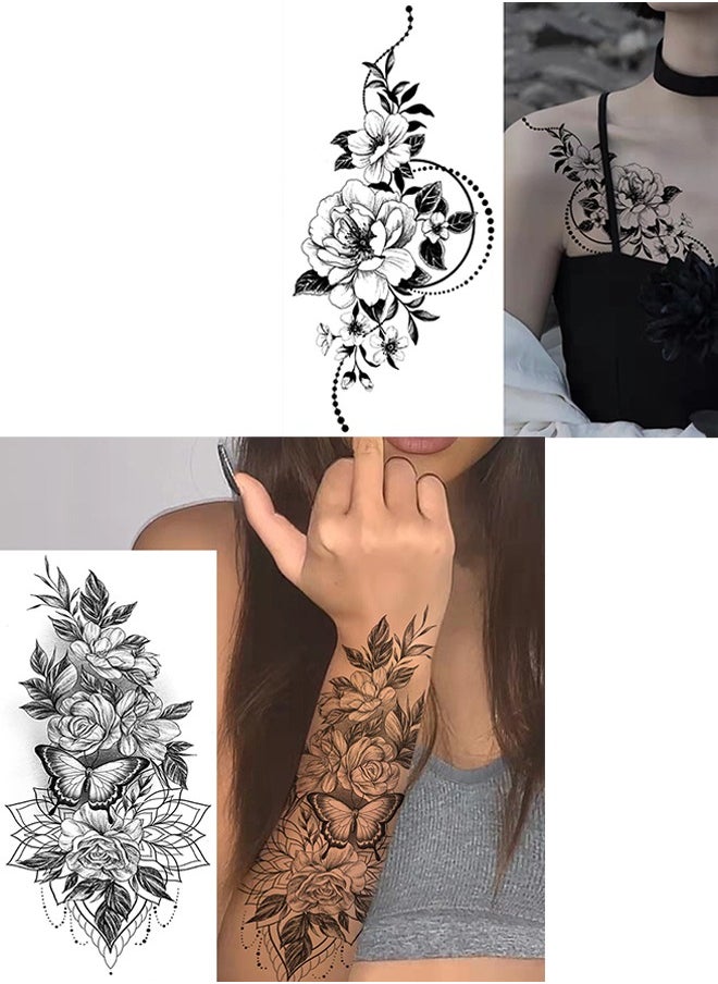 Generic - 9Pcs Black and White Flower Tattoo Stickers, Temporary Tattoo Stickers, Rose Peony Sunflower Lily Tattoo Stickers for Women Girl Adult - Image 1