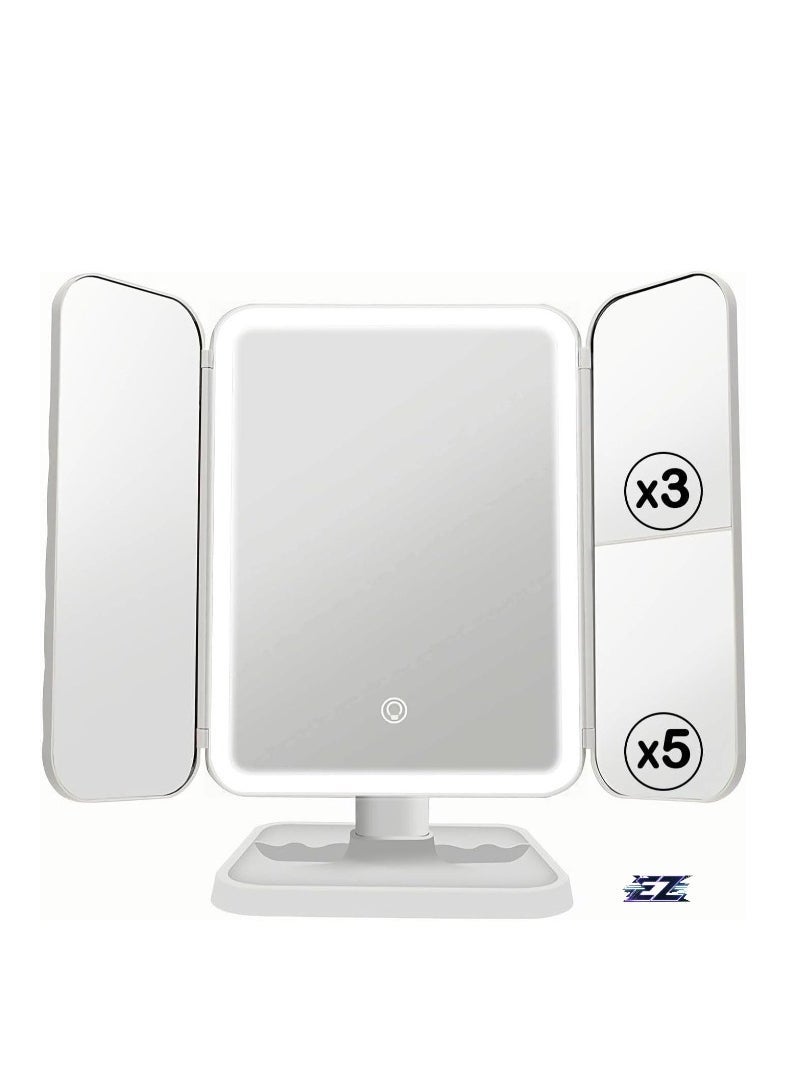 ELTRAZONE مرآة مكياج مضاءة قابلة للطي بثلاثة أضعاف مع تكبير 5X/3X/1X – 52 ضوء LED، تحكم باللمس، دوران قابل للتعديل 180° – مرآة تجميل محمولة وقابلة للطي لمكياج مثالي والعناية بالبشرة - Image 2