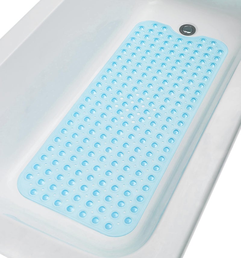 TIKE SMART ExtraLong NonSlip Bathtub Shower Mat 39x16 SmoothNonTextured Tubs Only Safe Clean MachineWashable Superior GripDrainage Vinyl Transparent Light Blue
