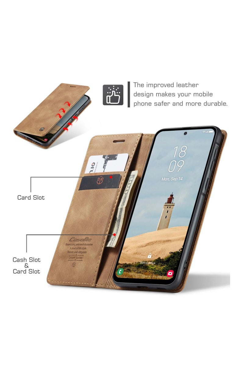 CaseMe Samsung Galaxy A36 5G Wallet Case Book Folding Flip Folio Case with Magnetic Kickstand Card Slots Protective Cover - Brown - Image 3