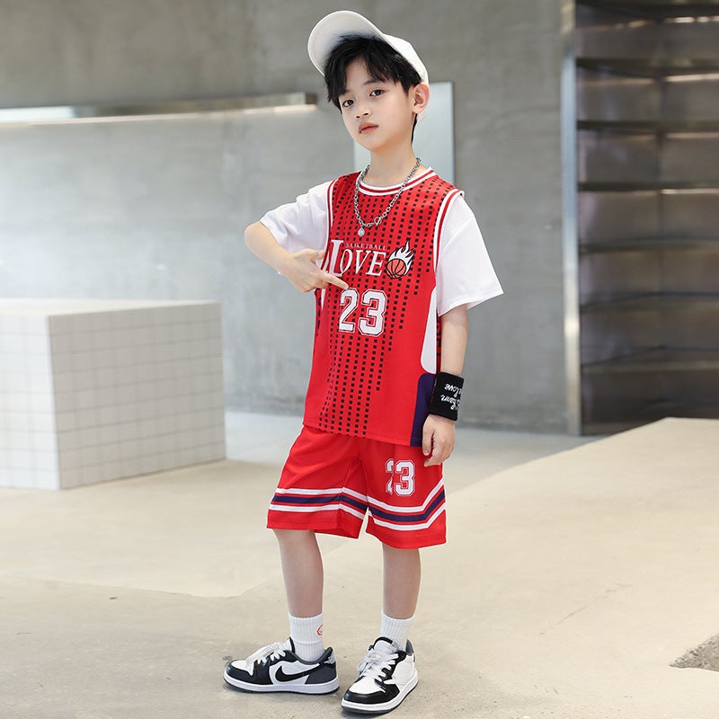 Boys' Summer Clothing for Older Children, 2025 New Cool and Stylish Basketball Uniform for Boys, Trendy Short-Sleeved Sports Quick-Drying Suit - Image 1
