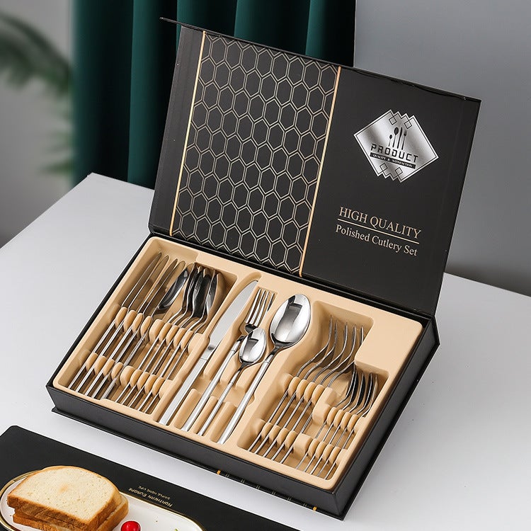 24-Piece Stainless Steel Western Dinnerware Set with Gold-Finish Storage Rack - Perfect Gift for Adults