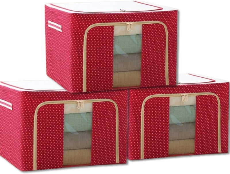 Raggle 3 PCS polycotton Clothes Storage Organizer Bins, Foldable Storage Bins-Cloth Steel Frame Storage Box with Foldable Clear Window & Reinforced Handles (Red, 66L-3) - Image 1