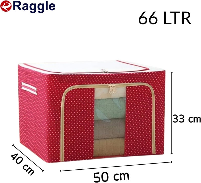 Raggle 3 PCS polycotton Clothes Storage Organizer Bins, Foldable Storage Bins-Cloth Steel Frame Storage Box with Foldable Clear Window & Reinforced Handles (Red, 66L-3) - Image 2