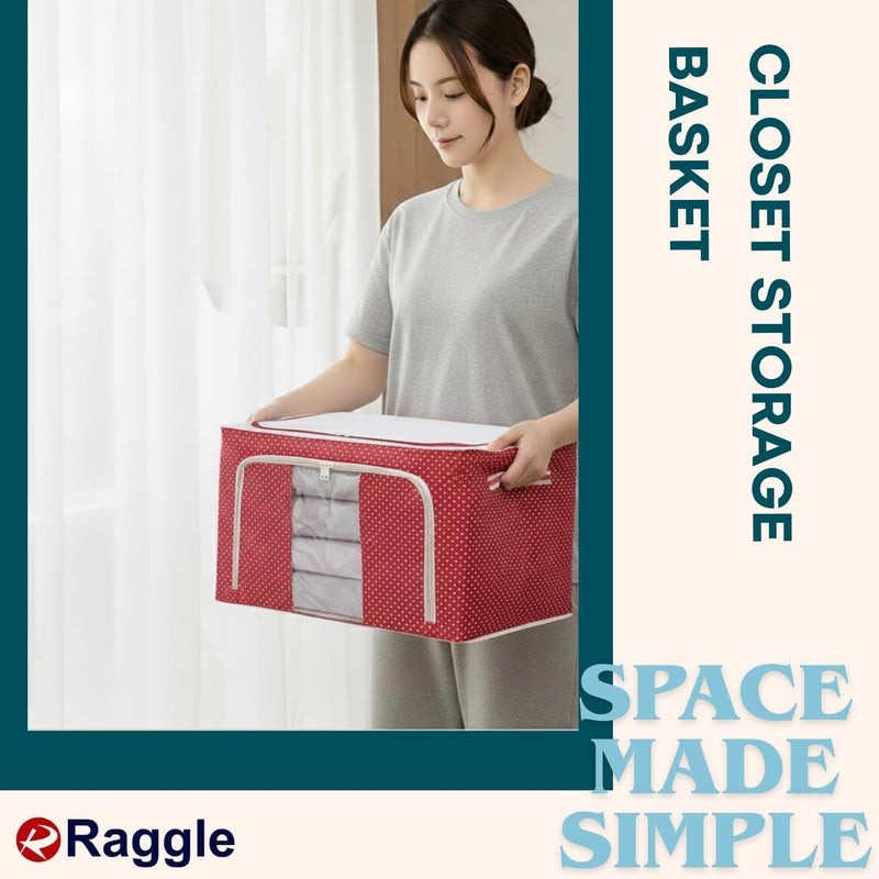 Raggle 3 PCS polycotton Clothes Storage Organizer Bins, Foldable Storage Bins-Cloth Steel Frame Storage Box with Foldable Clear Window & Reinforced Handles (Red, 66L-3) - Image 3