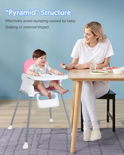 Bellababy 3-in-1 Baby High Chair, Adjustable Convertible Infant Baby Feeding Chair Booster for Eating with Detachable Tray, 5-Point Harness, Pink - Image 2