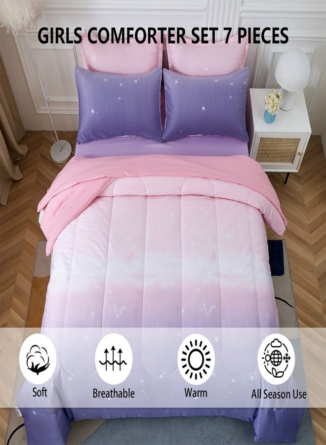 Dinjoy Girls Women Comforter Set King Size Ombre Pink Purple Rainbow Bedding Set 7 Pieces Bed in A Bag for Teen Adult (1 Comforter, 1 Flat Sheet, 1 Fitted Sheet, Pillow Shams & Pillowcases) - Image 3