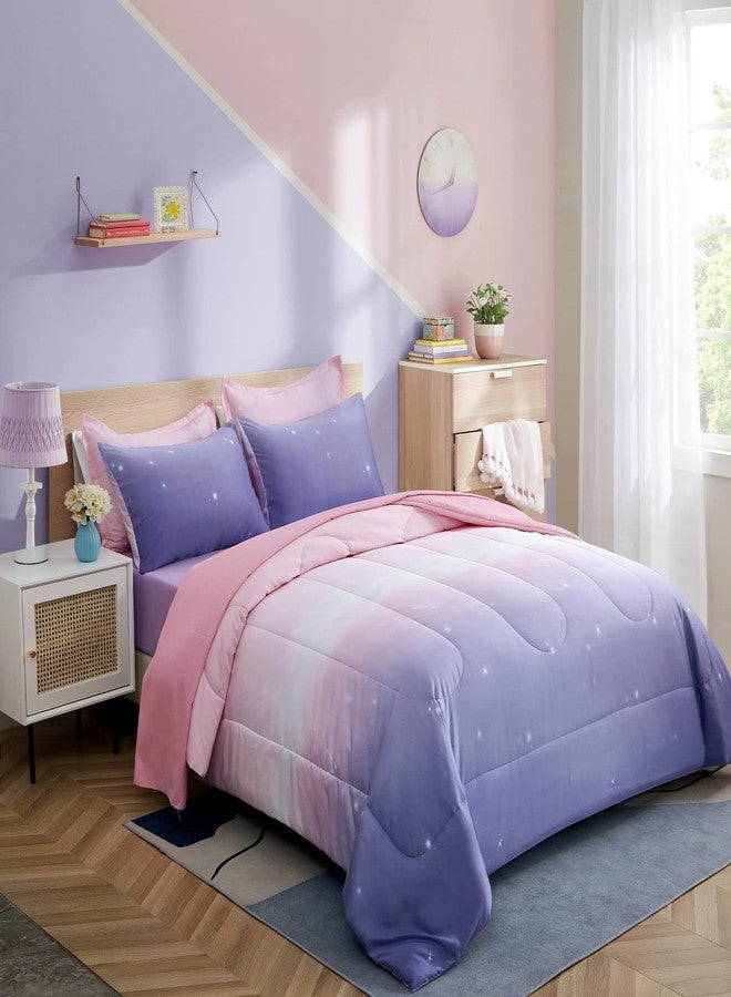 Dinjoy Girls Women Comforter Set King Size Ombre Pink Purple Rainbow Bedding Set 7 Pieces Bed in A Bag for Teen Adult (1 Comforter, 1 Flat Sheet, 1 Fitted Sheet, Pillow Shams & Pillowcases) - Image 2