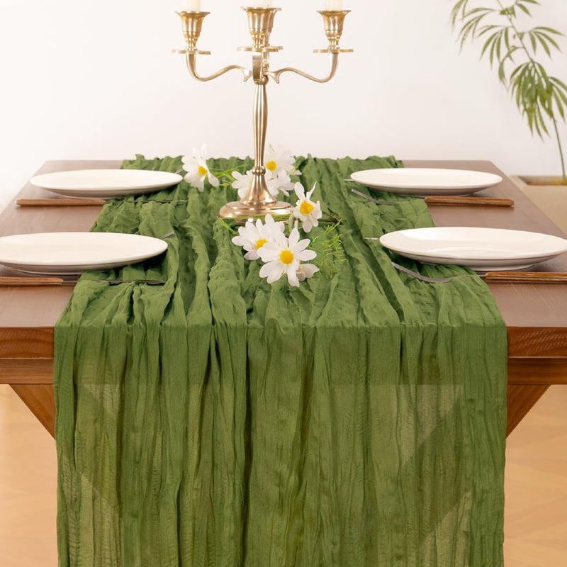 Socomi 3pcs Olive Green Spring Summer Cheesecloth Table Runner Boho Rustic Gauze 120 inch 10FT Cheese Cloth Runner for Wedding Party Baby Shower Birthday Home Decor Holiday Decorations - Image 5