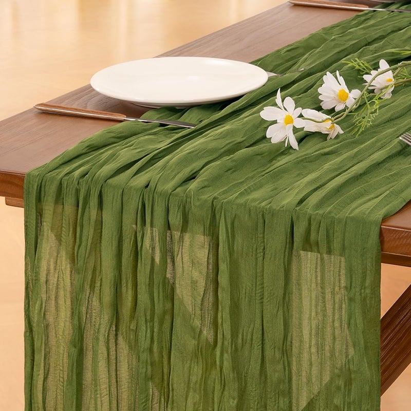 Socomi 3pcs Olive Green Spring Summer Cheesecloth Table Runner Boho Rustic Gauze 120 inch 10FT Cheese Cloth Runner for Wedding Party Baby Shower Birthday Home Decor Holiday Decorations - Image 1