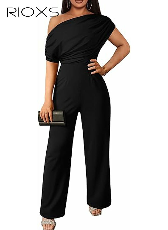 RIOXS Women's Off Shoulder Jumpsuits, Summer Casual Sleeveless Wide Leg Long Pant Jumpsuits for Ladies, Loose One Piece Romper Summer Vacation Travel Outifts - Image 1