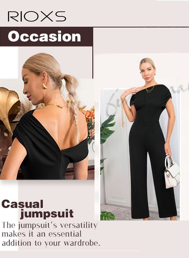 RIOXS Women's Off Shoulder Jumpsuits, Summer Casual Sleeveless Wide Leg Long Pant Jumpsuits for Ladies, Loose One Piece Romper Summer Vacation Travel Outifts - Image 3