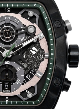 Opulent 6-Hands Chronograph Watch – Tonneau Skeleton Gun Metal Green Chronograph Edition with Premium Silicon Strap – Elite Y121 Calibre Movement – Waterproof Design - view 2