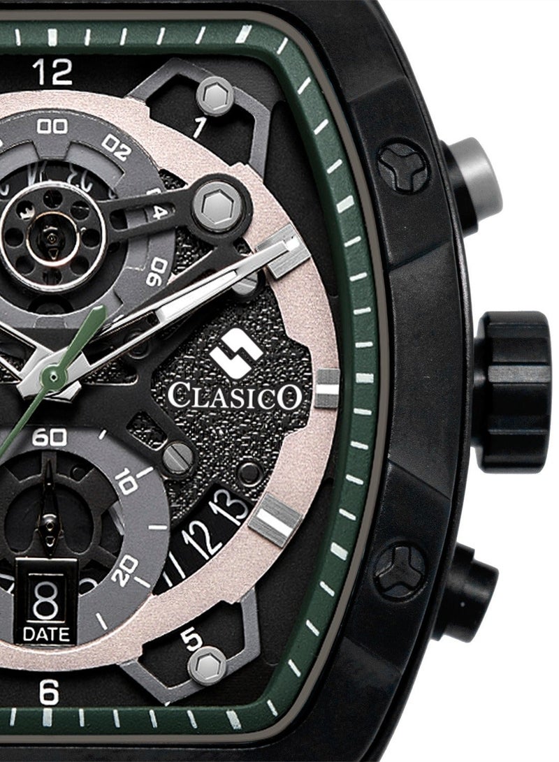 Clasico ساعة كرونوغراف فاخرة بـ 6 عقارب – إصدار هيكل تونيو باللون الأخضر المعدني المسدس مع حزام سيليكون فاخر – حركة Elite Y121 – تصميم مقاوم للماء - Image 2