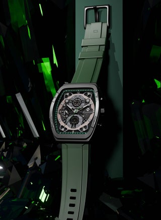 Opulent 6-Hands Chronograph Watch – Tonneau Skeleton Gun Metal Green Chronograph Edition with Premium Silicon Strap – Elite Y121 Calibre Movement – Waterproof Design - view 4