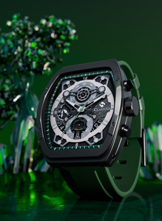 Opulent 6-Hands Chronograph Watch – Tonneau Skeleton Gun Metal Green Chronograph Edition with Premium Silicon Strap – Elite Y121 Calibre Movement – Waterproof Design - view 5