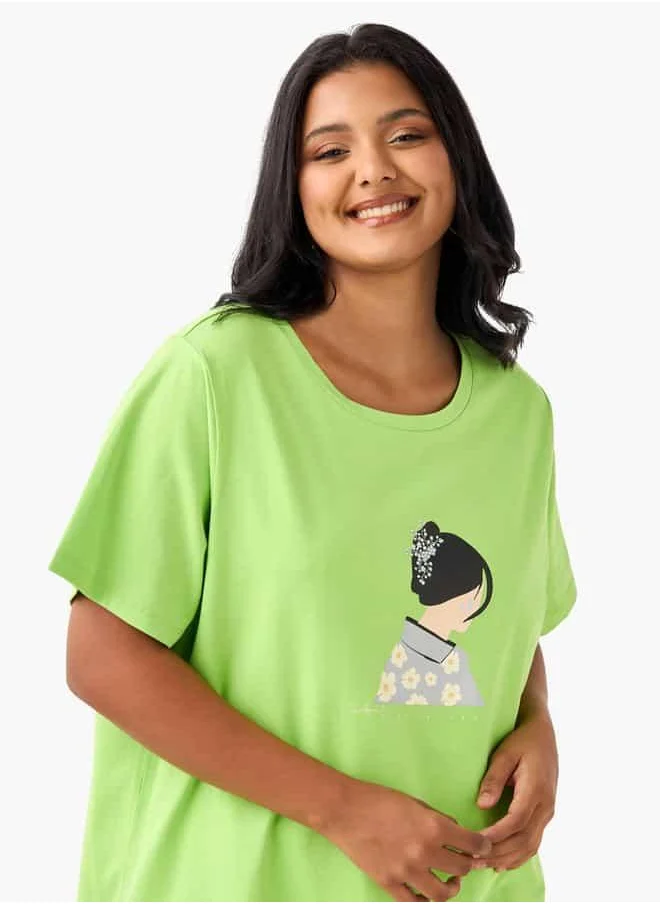 Ulla Popken Plus Size Ulla Popken Graphic Print T-shirt with Short Sleeves