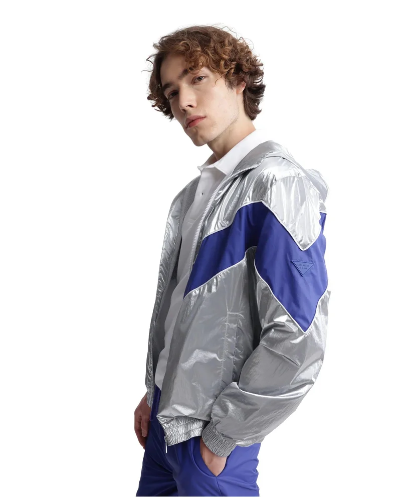 Rare Rabbit Men's Hooded Cut And Sew Metallic Jacket