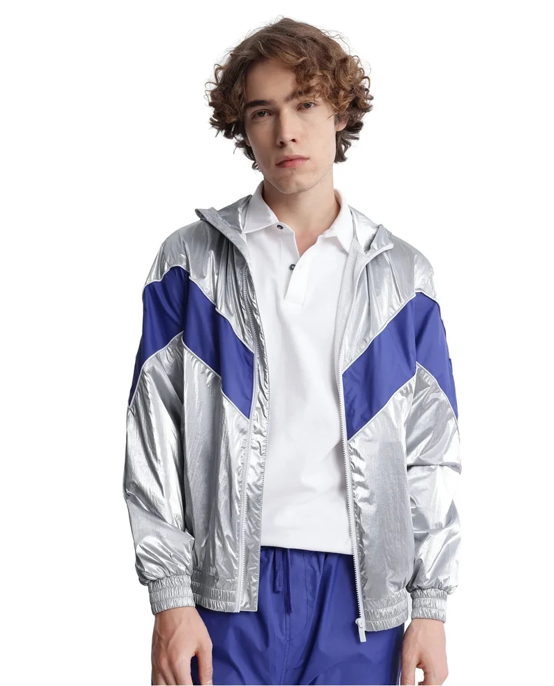 Rare Rabbit Men's Hooded Cut And Sew Metallic Jacket