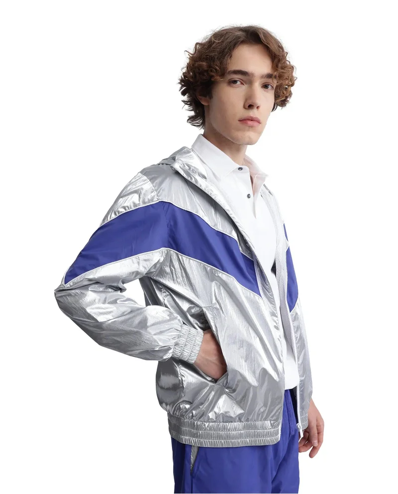 Rare Rabbit Men's Hooded Cut And Sew Metallic Jacket