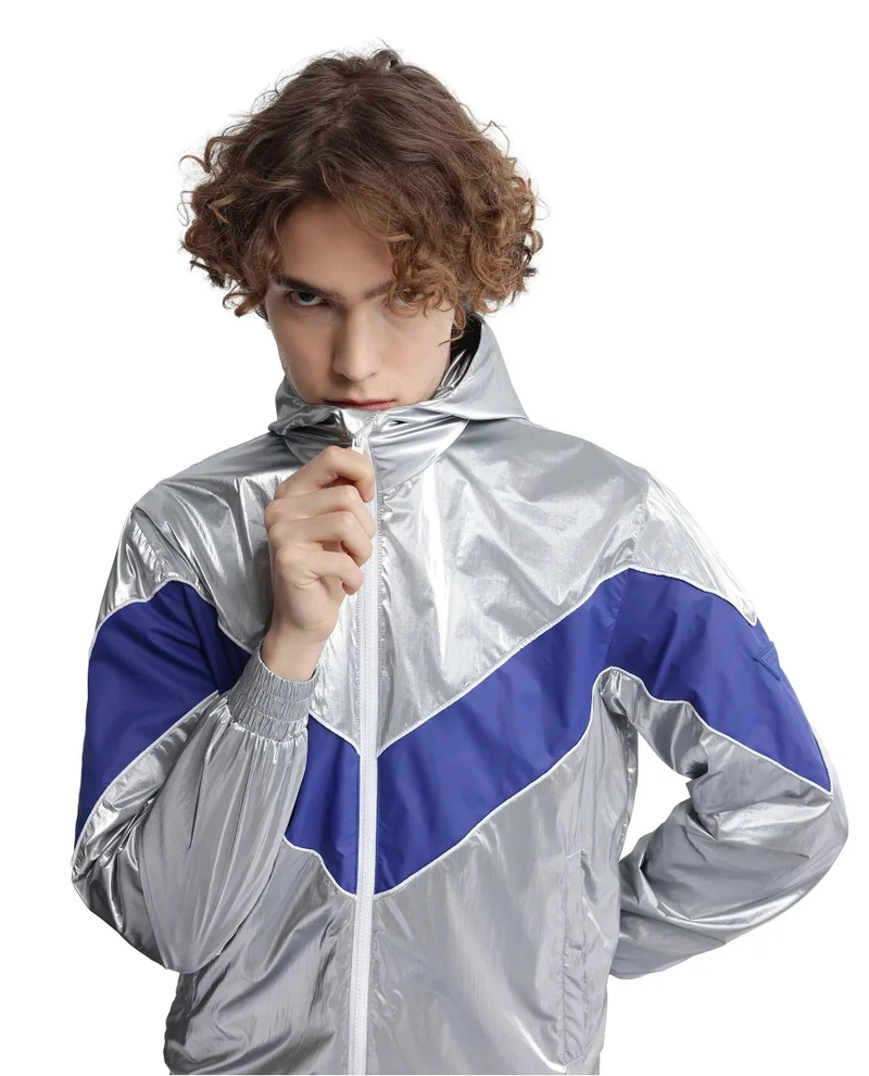 رير رابِت Men's Hooded Cut And Sew Metallic Jacket