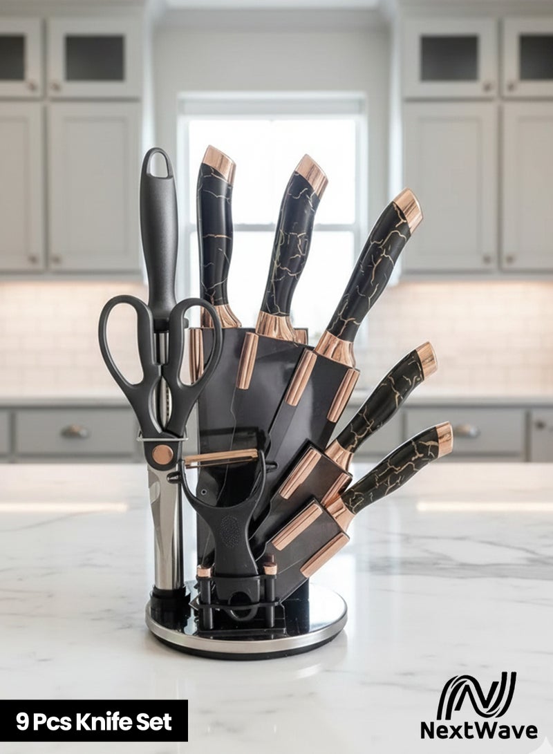 الموجة التالية مجموعة سكاكين المطبخ - مجموعة سكاكين احترافية مكونة من 9 قطع مع كتلة أكريليك من الفولاذ المقاوم للصدأ عالي الكربون مع مبراة سكين - حادة للغاية - Image 1