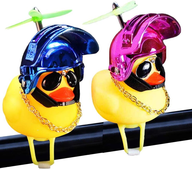 wonuu Rubber Duck Car Ornaments, 2Pcs Yellow Duck Car Dashboard Decorations Squeeze Duck Bicycle Horns with Propeller Helmet - Image 1